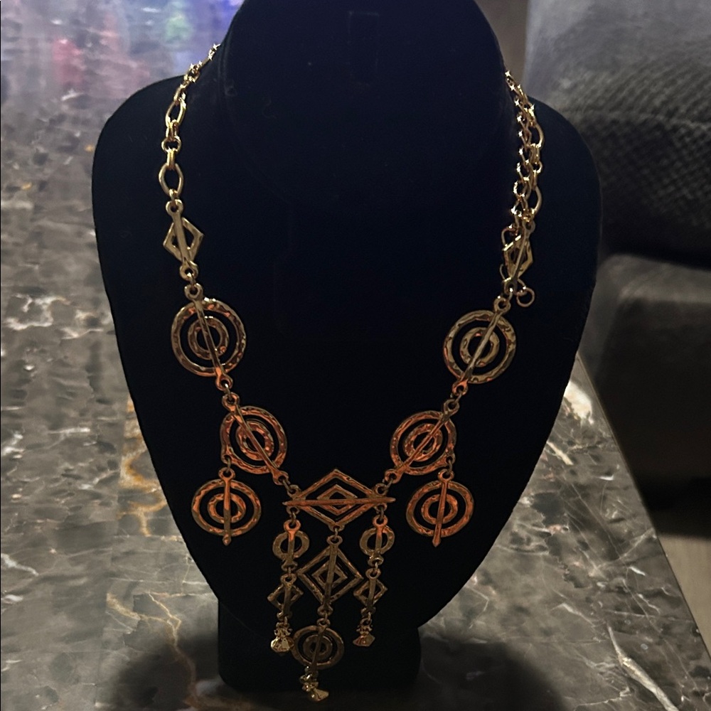 Gold Tone Geometric Statement Necklace and Clip-On Earrings!